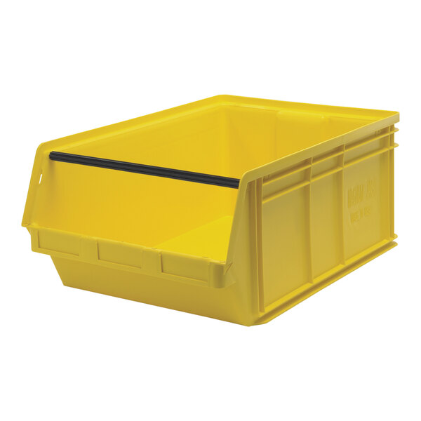 A Quantum yellow plastic storage bin with black handles.