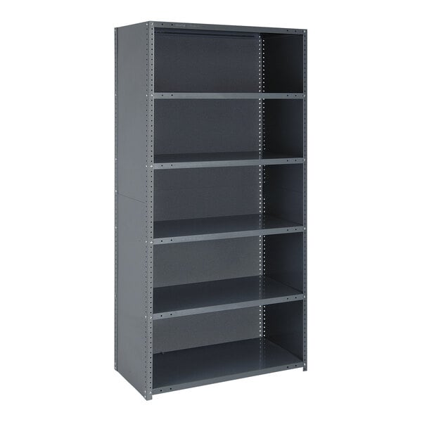 A Quantum grey steel shelving unit with six shelves.