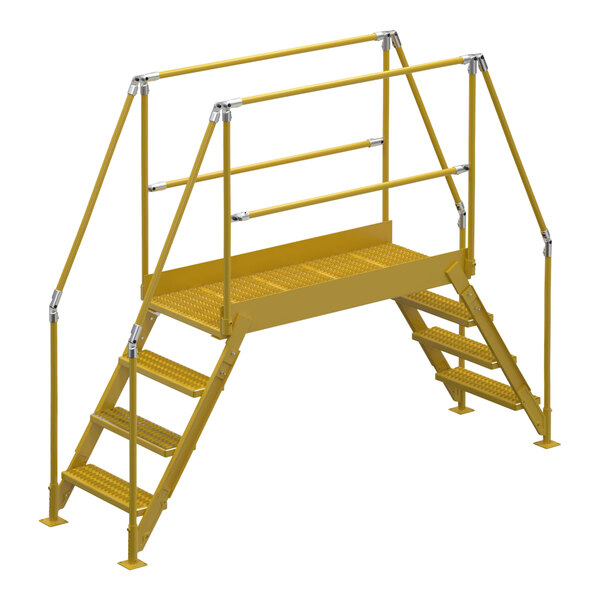 A yellow metal Vestil crossover ladder with metal steps.