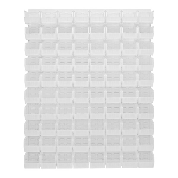 A white Quantum louvered panel with clear plastic bins on it.