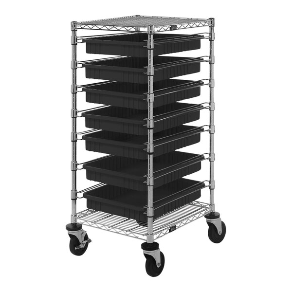 A Quantum black metal mobile bin cart with wire shelves and black conductive bins on it.