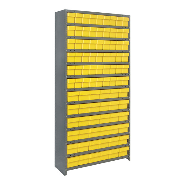 A grey metal Quantum shelving system with yellow bins on each shelf.