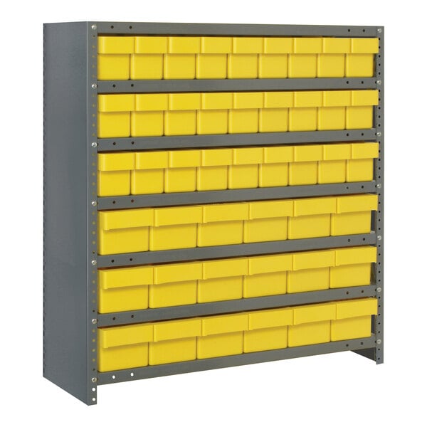 A Quantum grey metal shelving system with yellow bins on six drawers.