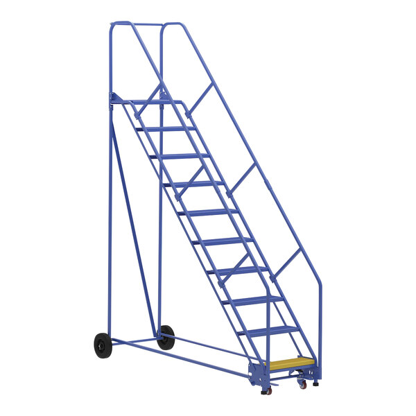 A blue steel ladder with black wheels.