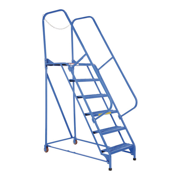 A blue Vestil steel maintenance ladder with grip strut steps and wheels.