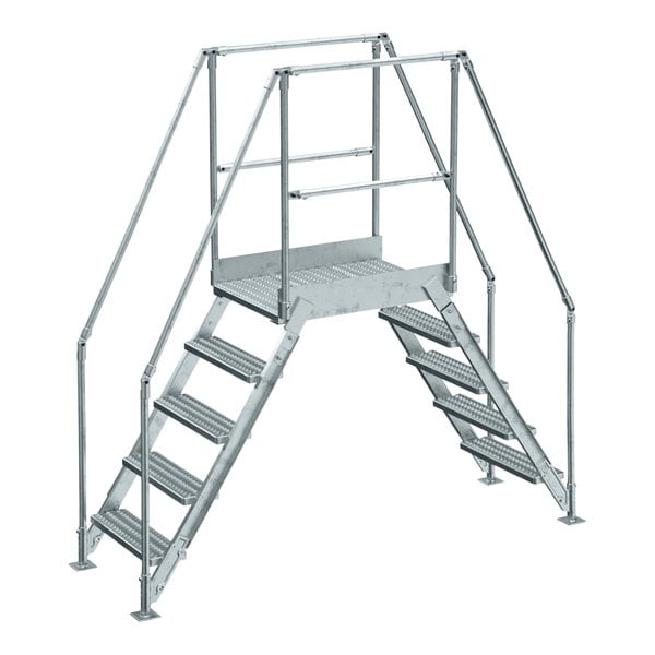 A Vestil galvanized steel crossover ladder with metal steps and railings.