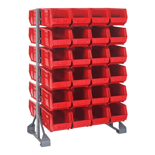 A Quantum steel rack with red bins on it.