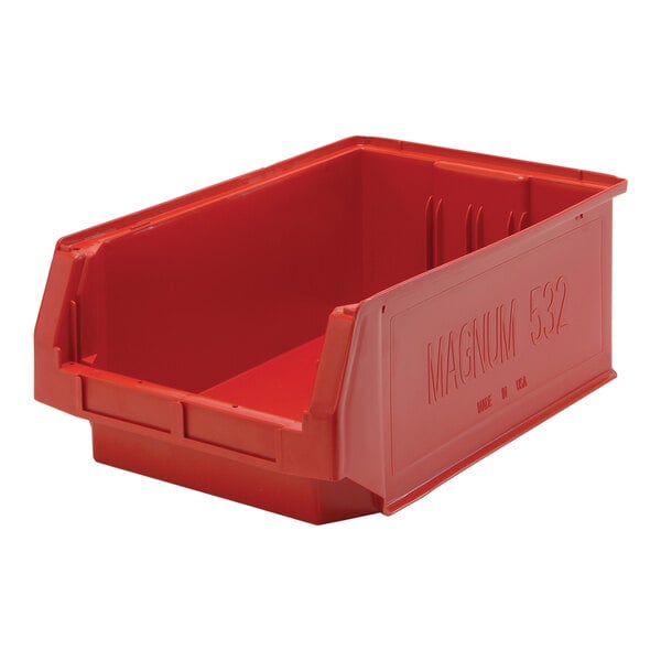 A red Quantum storage tote bin with a lid.