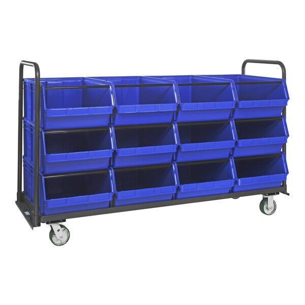 A Quantum blue tote truck with blue bins on casters.