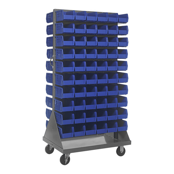 A Quantum gray steel mobile double-sided louvered rack with blue bins on it.