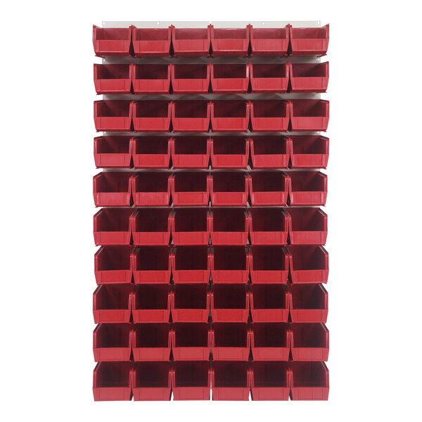 A Quantum white steel louvered panel with red plastic bins inside.