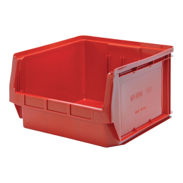 A red plastic Quantum storage bin.