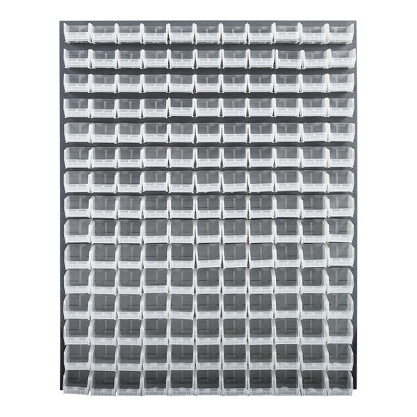 A Quantum gray louvered panel with many small clear plastic bins on it.