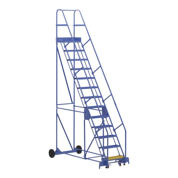 A blue Vestil steel rolling warehouse ladder.