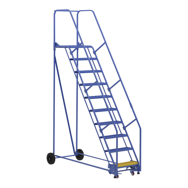A blue Vestil steel rolling warehouse ladder with wheels.