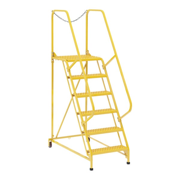 A yellow steel ladder with grip strut steps.