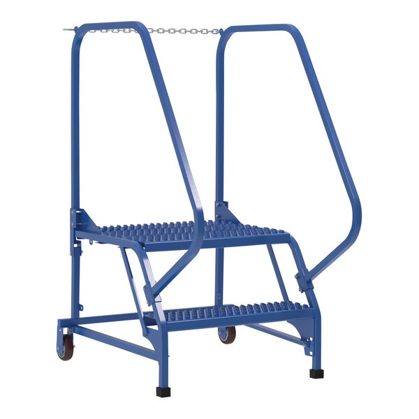 A blue metal step ladder with grip strut steps.