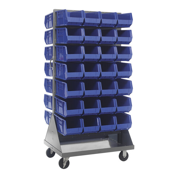 A Quantum mobile steel louvered rack with blue bins on it.
