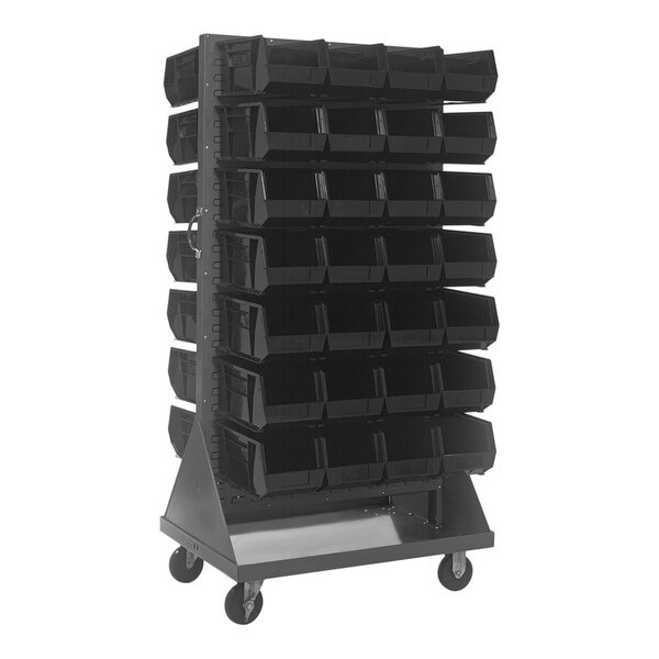 A gray Quantum steel mobile double-sided louvered rack with black bins on it.