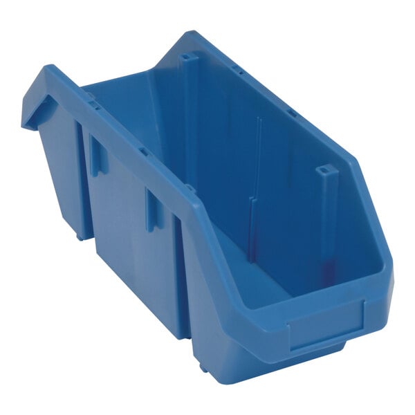 A blue polypropylene storage bin with two compartments.