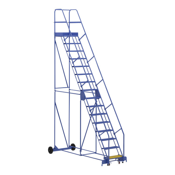 A blue Vestil steel ladder on wheels.