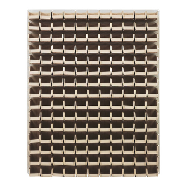 A Quantum louvered panel with ivory bins on shelves.