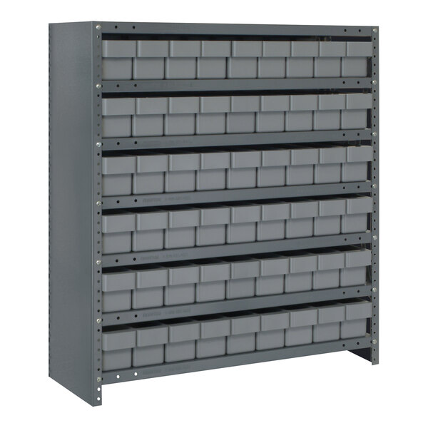 A Quantum grey metal 7-shelf drawer system with grey bins on a grey metal rack.