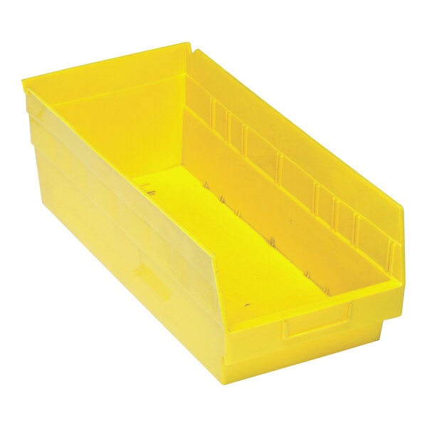 A yellow Quantum shelf bin with two compartments.