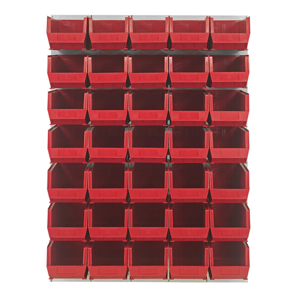 A stack of red bins on a white Quantum louvered panel.