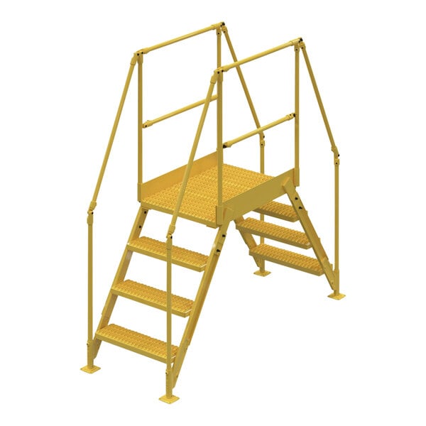A yellow metal Vestil crossover ladder with metal bars on the steps.