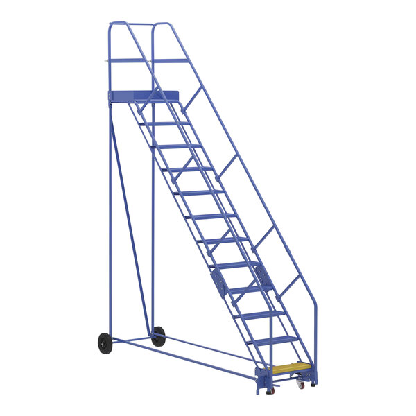 A blue steel ladder with wheels and yellow metal bars.