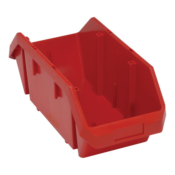 A red plastic Quantum storage bin with two compartments.