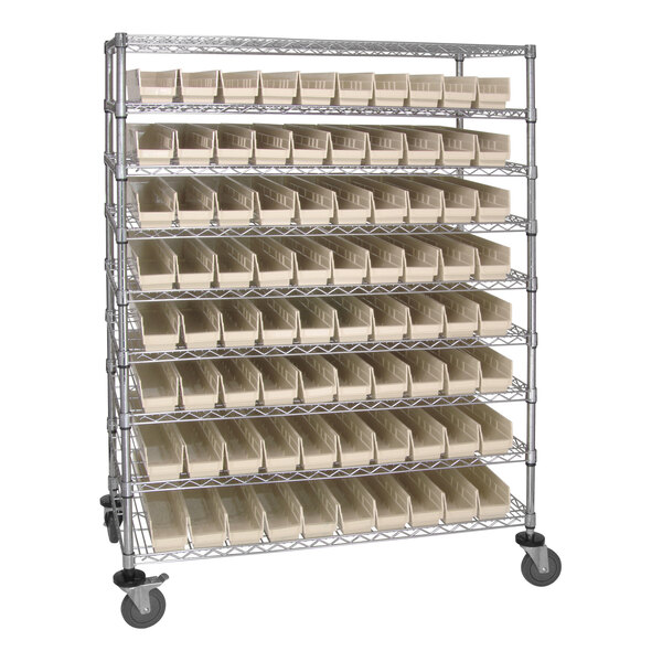 A Quantum carbon steel wire shelving rack with 9 trays holding 80 ivory bins.