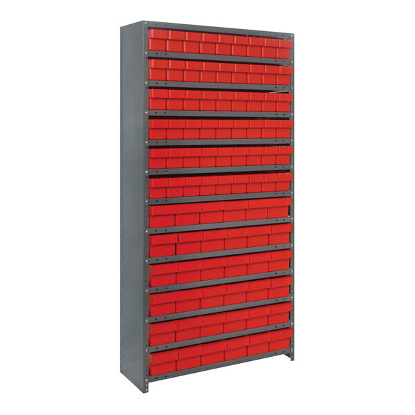 A Quantum steel drawer shelving system with red bins on each shelf.