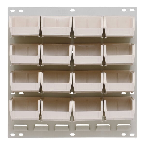 A Quantum white louvered panel with ivory bins on a white surface.