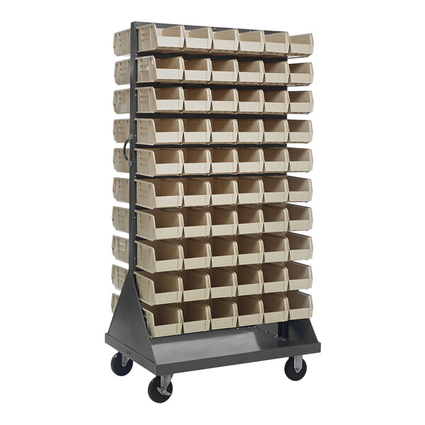 A Quantum gray steel mobile rack with many ivory bins on it.