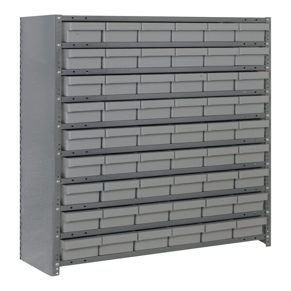 A Quantum grey metal shelving system with drawers.