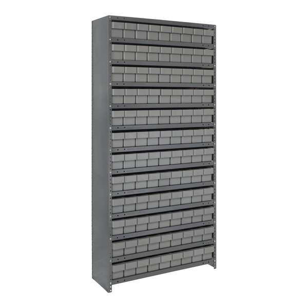 A grey metal Quantum shelving system with drawers holding small grey bins.