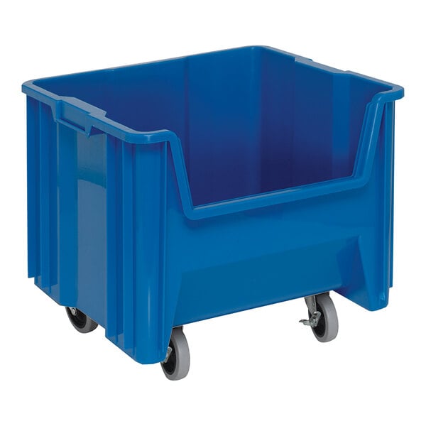 A blue plastic Quantum mobile storage container with wheels.