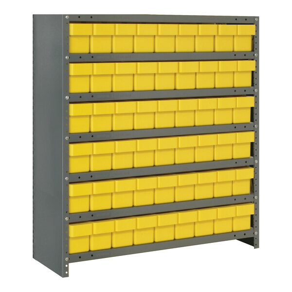 A grey metal Quantum industrial storage rack with yellow drawers.