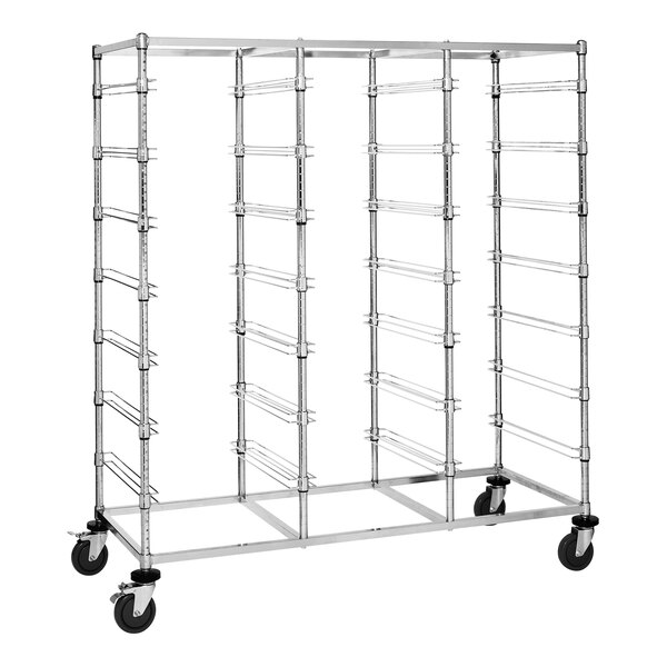 A Quantum mobile metal triple bay bin cart on wheels.