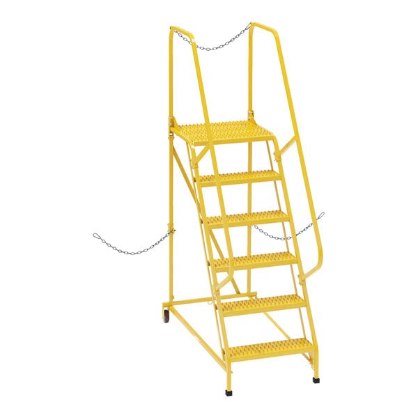 A yellow metal ladder with grip strut steps and chains.