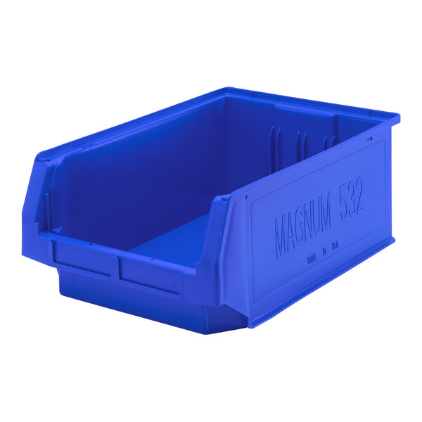 A blue plastic Quantum storage tote bin with a lid.