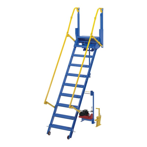 A blue and yellow Vestil electric steel folding ladder with a yellow handle.