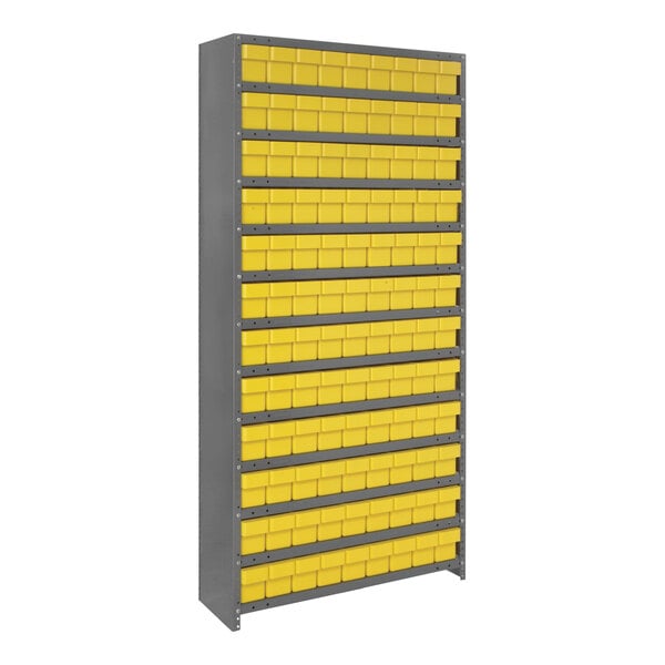 A grey Quantum steel shelving system with yellow bins on each of the 13 shelves.