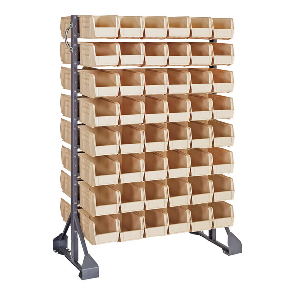 A Quantum double-sided rail rack with ivory bins on it.