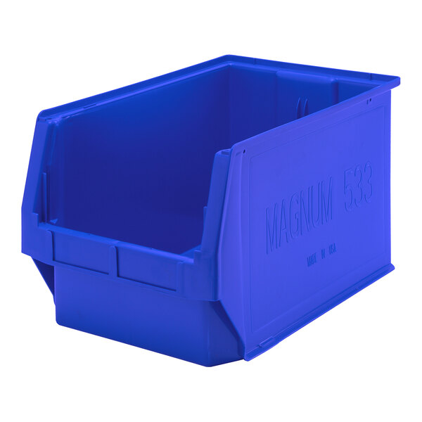 A Quantum blue plastic storage bin with a lid.