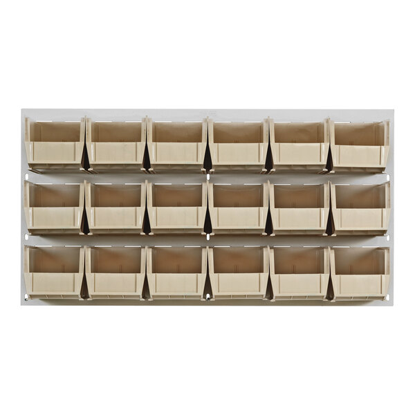 A Quantum white steel louvered panel with ivory bins on it.