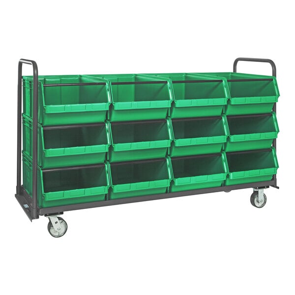 A Quantum green tote truck with green bins on it.