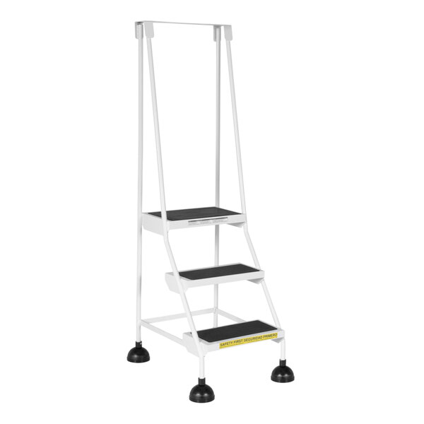 A white Vestil commercial rolling step ladder with black serrated rubber steps.